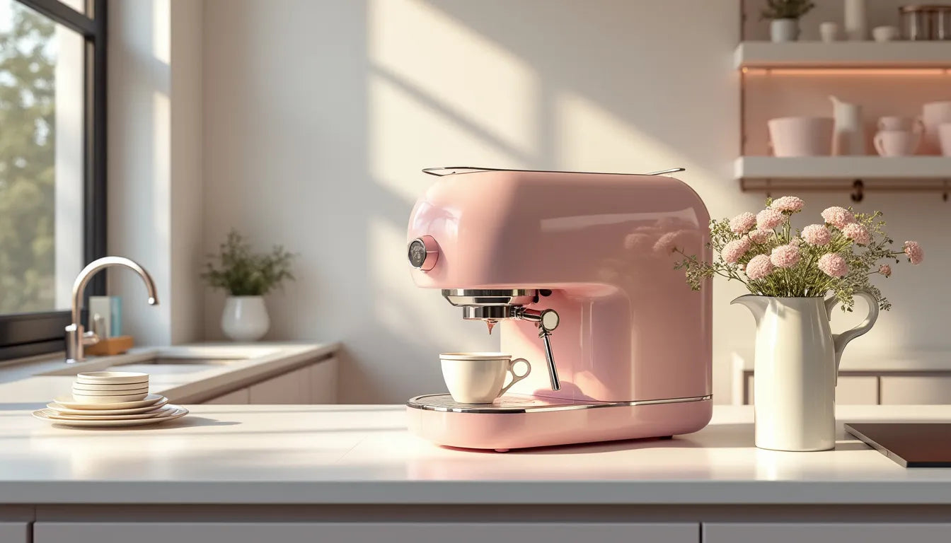 Elevate your kitchen's style with a chic pink coffee machine that not only brews delicious coffee bu